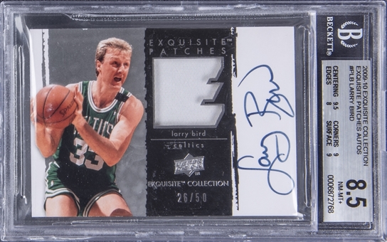 2009-10 UD "Exquisite Collection" Exquisite Patches Autos #PLB Larry Bird Signed Game Used Patch Card (#26/50) - BGS NM-MT+ 8.5/BGS 10